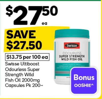 Swisse Ultiboost Odourless Super Strength Wild Fish Oil 2000mg Capsules Pk 200~