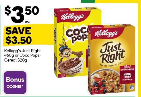 Kellogg's Just Right 460g or Coco Pops Cereal 320g