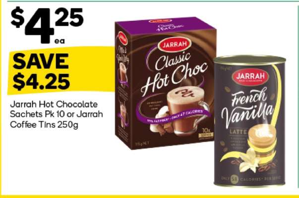 Jarrah Hot Chocolate Sachets Pk 10 or Jarrah Coffee Tins 250g