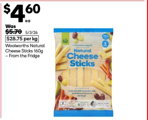 Woolworths Natural Cheese Sticks 160g