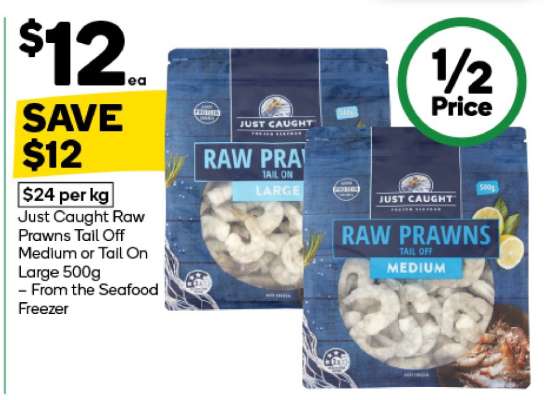 Just Caught Raw Prawns Tail Off Medium or Tail On Large 500g