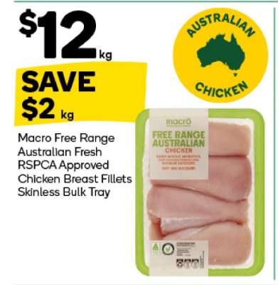 Macro Free Range Australian Fresh RSPCA Approved Chicken Breast Fillets Skinless Bulk Tray