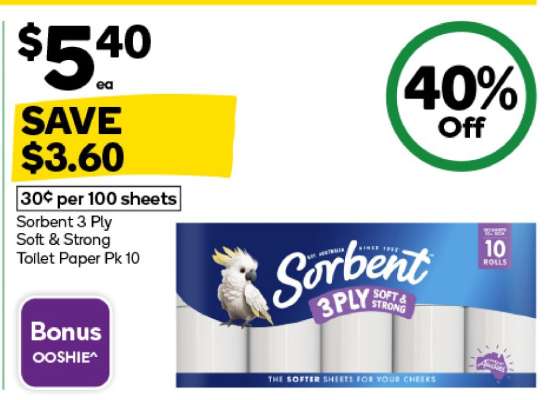 Sorbent 3 Ply Soft & Strong Toilet Paper Pk 10