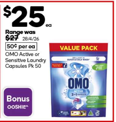 OMO Active or Sensitive Laundry Capsules Pk 50