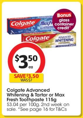 Colgate Advanced Whitening & Tartar or Max Fresh Toothpaste 115g