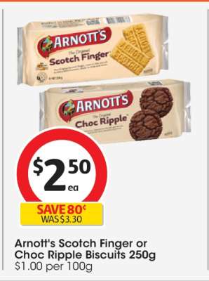 Arnott's Scotch Finger or Choc Ripple Biscuits 250g