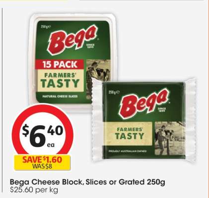 Bega Cheese Block, Slices or Grated 250g