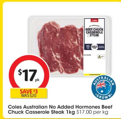 Coles Australian No Added Hormones Beef Chuck Casserole Steak 1kg