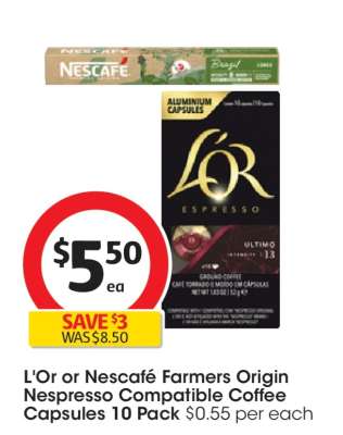 L'Or or Nescafé Farmers Origin Nespresso Compatible Coffee Capsules 10 Pack