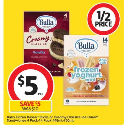 Bulla Frozen Dessert Sticks or Creamy Classics Ice Cream Sandwiches