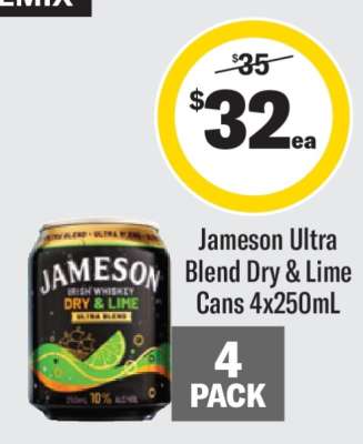 Jameson Ultra Blend Dry & Lime Cans 4x250mL