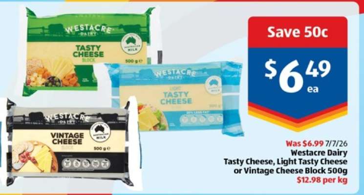 Westacre Dairy Tasty Cheese, Light Tasty Cheese or Vintage Cheese Block 500g