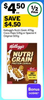 Kellogg's Nutri-Grain 470g, Coco Pops 535g or Special K Original 500g