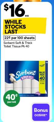 Sorbent Soft & Thick Toilet Tissue Pk 40