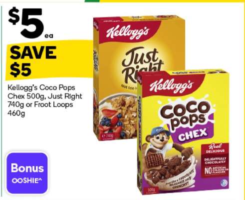 Kellogg's Coco Pops Chex 500g, Just Right 740g or Froot Loops 460g