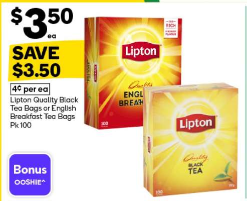 Lipton Quality Black Tea Bags or English Breakfast Tea Bags Pk 100