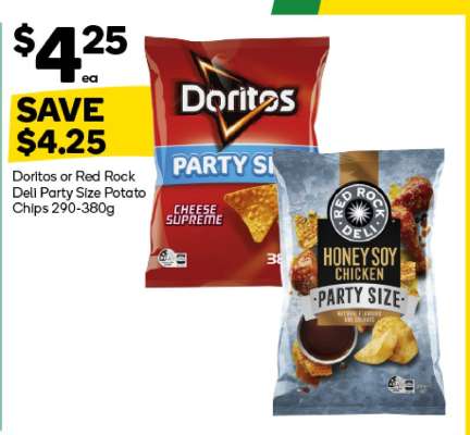 Doritos or Red Rock Deli Party Size Potato Chips 290-380g