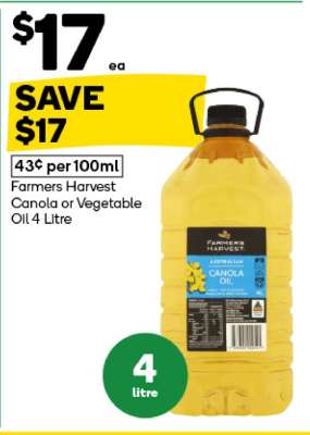 Farmers Harvest Canola or Vegetable Oil 4 Litre