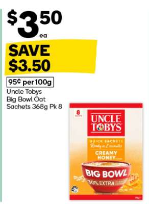 Uncle Tobys Big Bowl Oat Sachets 368g Pk 8