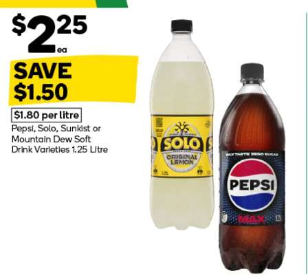 Pepsi, Solo, Sunkist or Mountain Dew Soft Drink Varieties 1.25 Litre