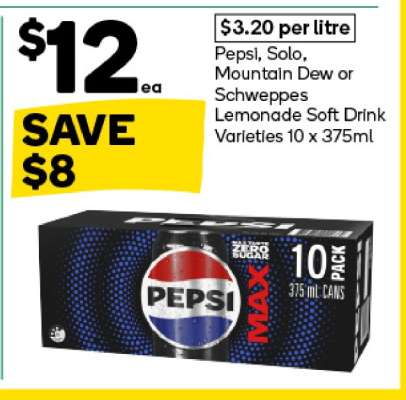 Pepsi, Solo, Mountain Dew or Schweppes Lemonade Soft Drink Varieties 10 x 375ml