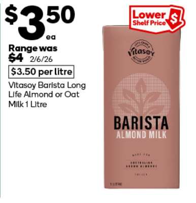 Vitasoy Barista Long Life Almond or Oat Milk 1 Litre