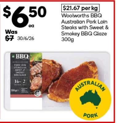 Woolworths BBQ Australian Pork Loin Steaks with Sweet & Smokey BBQ Glaze 300g