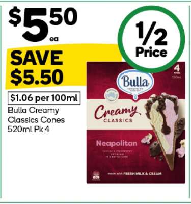 Bulla Creamy Classics Cones 520ml Pk 4
