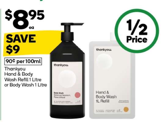Thankyou Hand & Body Wash Refill 1 Litre or Body Wash 1 Litre