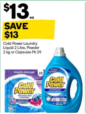 Cold Power Laundry Liquid 2 Litre, Powder 2 kg, or Capsules Pk 29