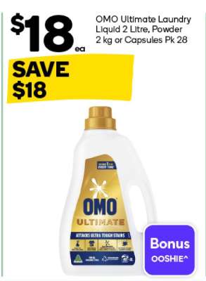 OMO Ultimate Laundry Liquid 2 Litre, Powder 2 kg or Capsules Pk 28