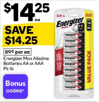 Energizer MAX Alkaline Batteries AA or AAA Pk 16