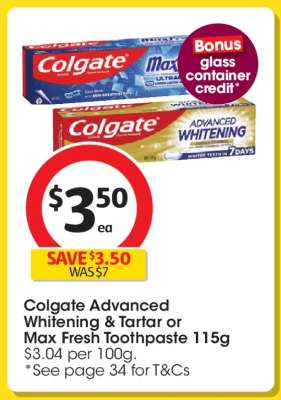 Colgate Advanced Whitening & Tartar or Max Fresh Toothpaste 115g