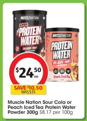 Muscle Nation Sour Cola or Peach Iced Tea Protein Water Powder 300g