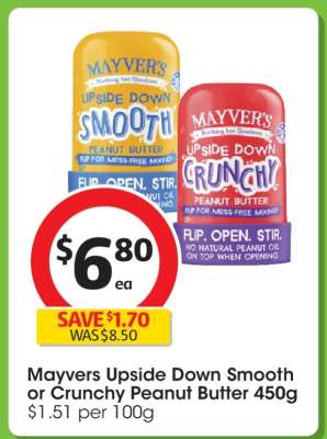 Mayvers Upside Down Smooth or Crunchy Peanut Butter 450g