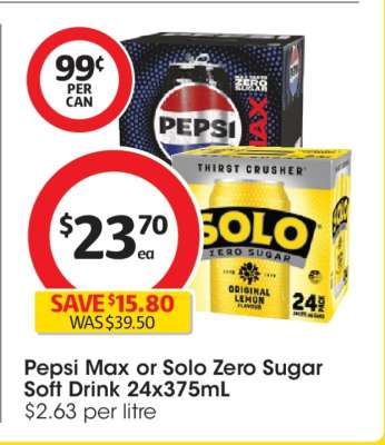 Pepsi Max or Solo Zero Sugar Soft Drink 24x375mL
