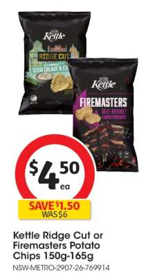 Kettle Ridge Cut or Firemasters Potato Chips 150g-165g