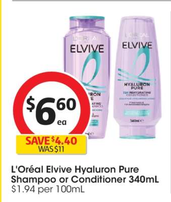 L'Oréal Elvive Hyaluron Pure Shampoo or Conditioner 340mL