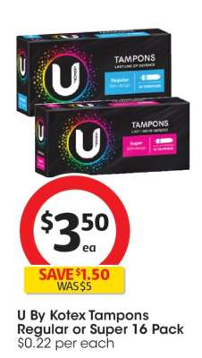 U by Kotex Tampons Regular or Super 16 Pack