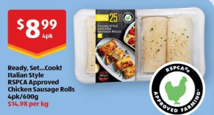 Ready, Set...Cook! Italian Style RSPCA Approved Chicken Sausage Rolls 4pk/600g
