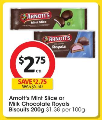 Arnott's Mint Slice or Milk Chocolate Royals Biscuits 200g