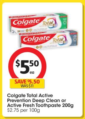 Colgate Total Active Prevention Deep Clean or Active Fresh Toothpaste 200g