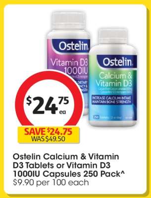 Ostelin Calcium & Vitamin D3 Tablets or Vitamin D3 1000IU Capsules 250 Pack