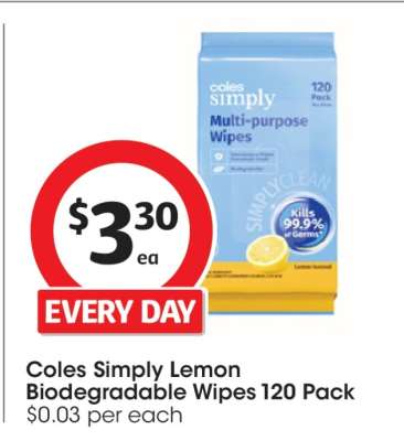 Coles Simply Lemon Biodegradable Wipes 120 Pack