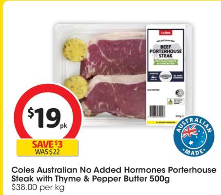 Coles Australian No Added Hormones Porterhouse Steak with Thyme & Pepper Butter 500g
