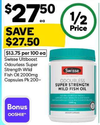 Swisse Ultiboost Odourless Super Strength Wild Fish Oil 2000mg Capsules Pk 200~