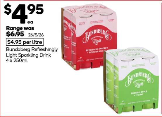 Bundaberg Refreshingly Light Sparkling Drink 4 x 250ml