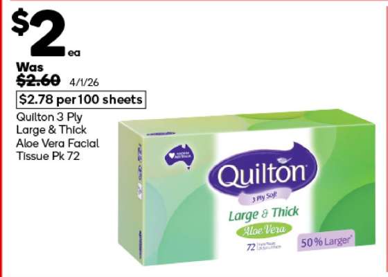 Quilton 3 Ply Large & Thick Aloe Vera Facial Tissue Pk 72
