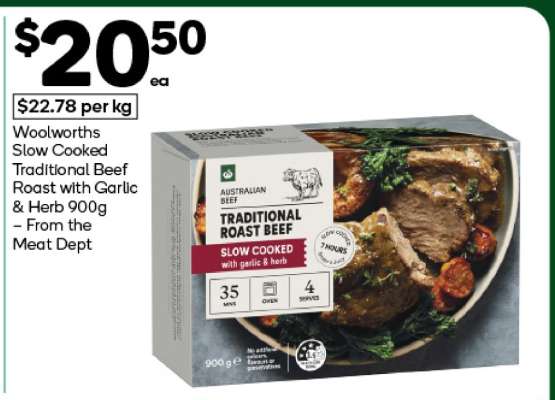 Woolworths Slow Cooked Traditional Beef Roast with Garlic & Herb 900g