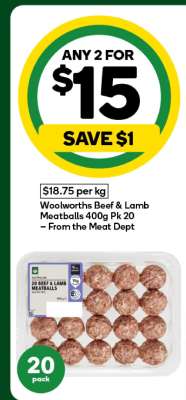 Woolworths Beef & Lamb Meatballs 400g Pk 20